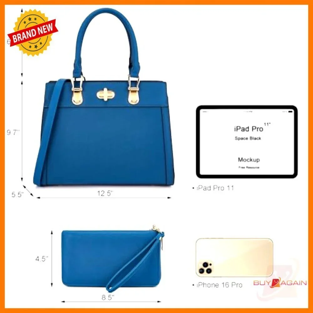 Large Vegan Leather Tote Satchel with Matching Wallet 2pc Set Adjustable Strap